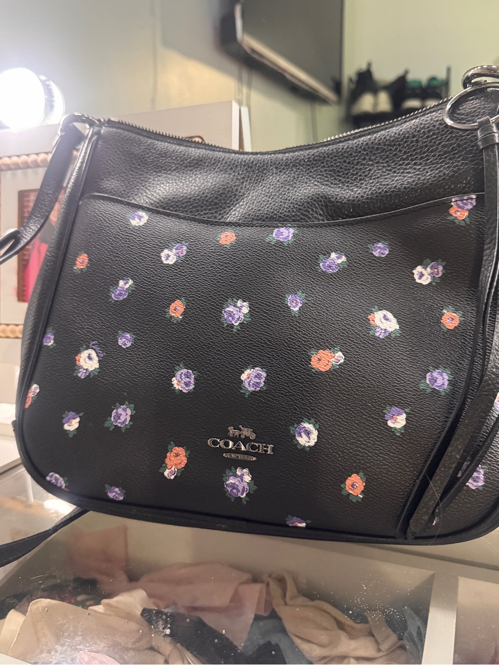 Coach Black Leather Shoulder Bag with Multicolor Floral Print